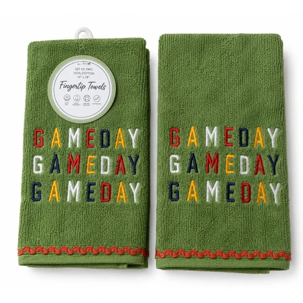 Gameday Football Fingertip Towels Set of 2 Embellished Embroidered Rick-Rac Trim